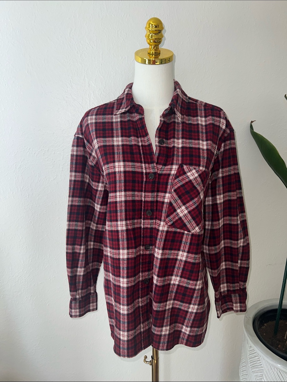 Women’s Red Navy and White Plaid Flannel Shirt - Classic Button-Up. Grunge, Fall